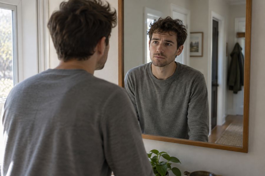 A man looks thoughtfully at his reflection.