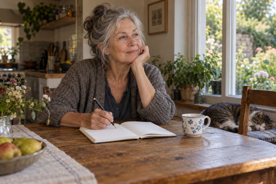A woman with a notebook beside a garden window.
