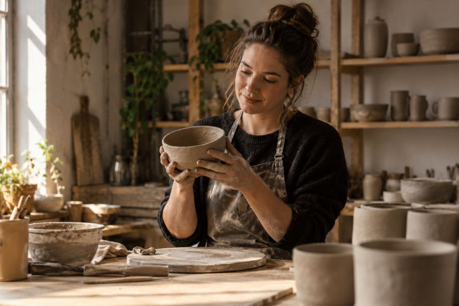 A woman in a pottery studio holds a slightly uneven handmade bowl.
