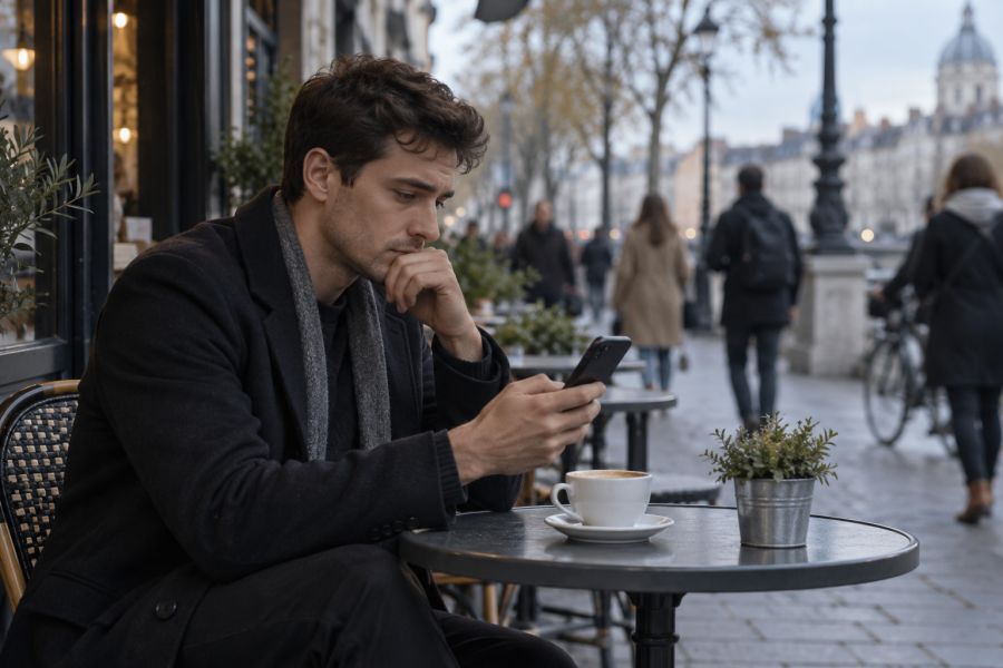 A man at a café waits for a reply on his phone.