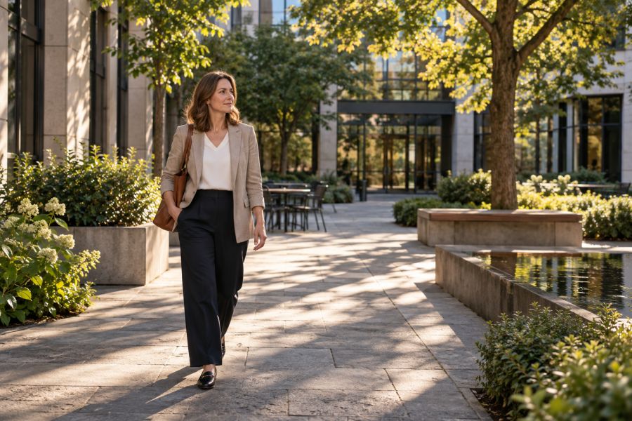 A woman walks through a courtyard during a short break.