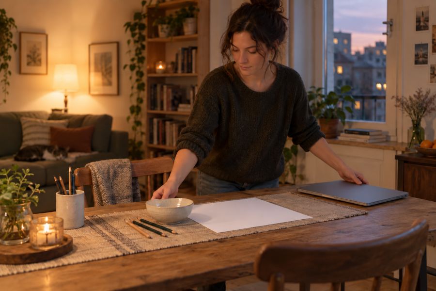 A woman prepares a small space for drawing after work.