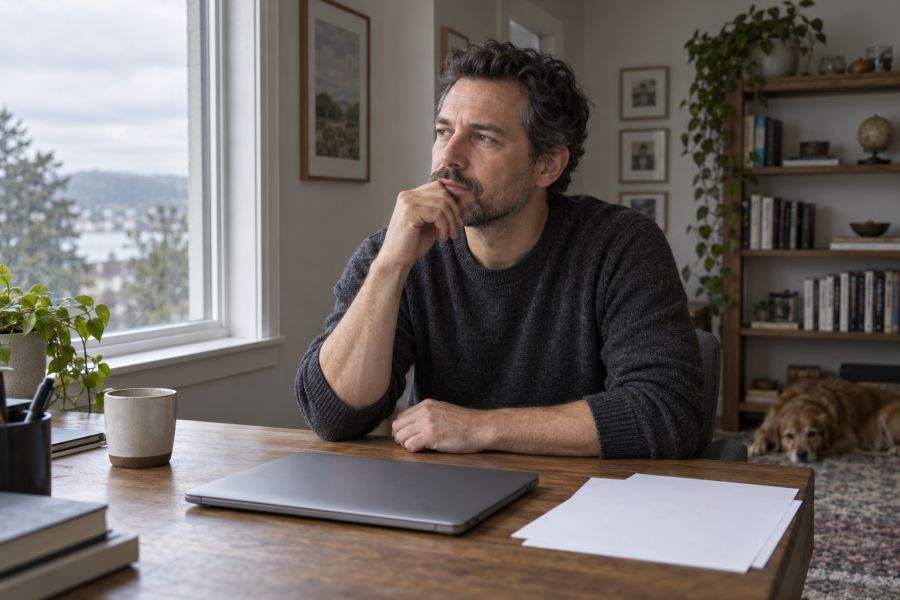 A man at a work desk pauses before his next action.