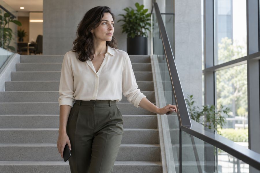 A woman pauses on a staircase with a phone in her hand.